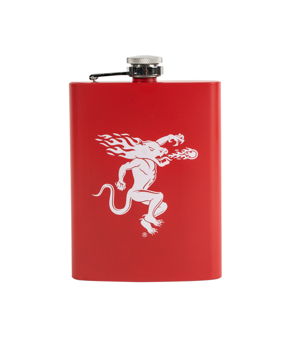 8oz flask in a red, Dragon-inspired shell with our iconic Fireball logo printed in white.